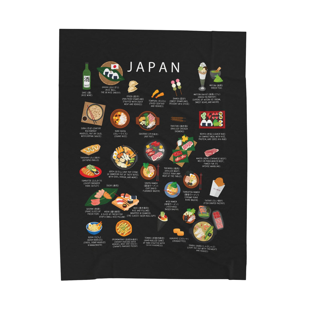 Japan Food Blanket | Cozy Throw with Sushi Ramen Mochi | Japanese Cuisine Gift for Expats and Foodies