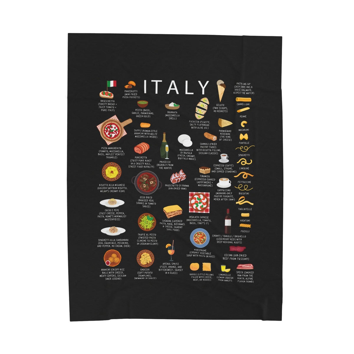 Italian Food Blanket | Italy Cuisine Throw, Pasta Pizza Plush Gift, Italian Kitchen Decor