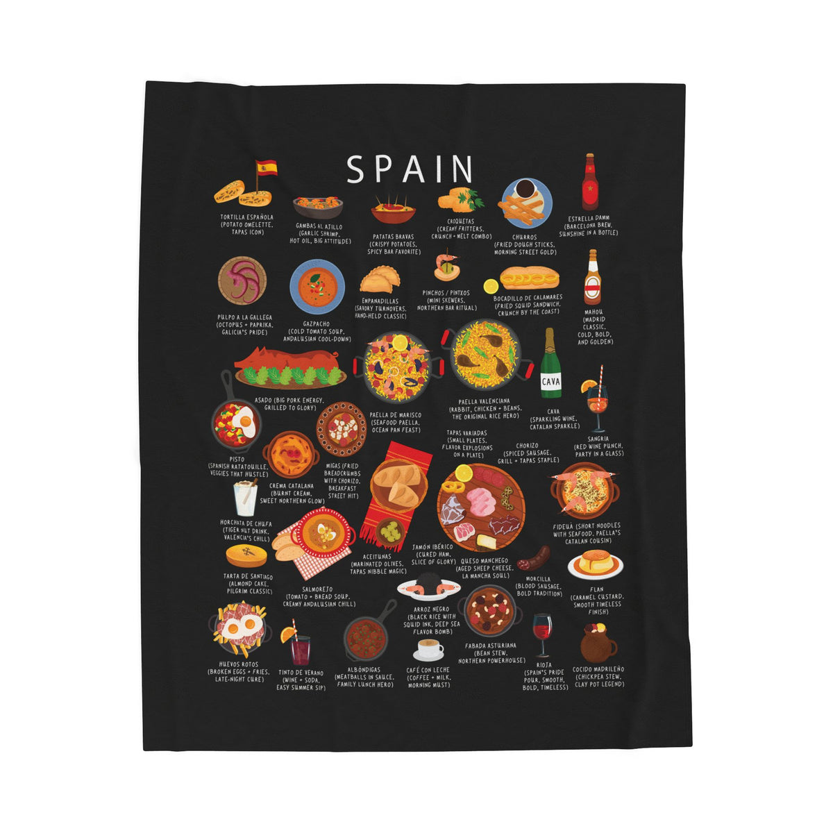 Spain Food Blanket | Velveteen Plush Throw with Tapas, Paella & Churros | Spanish Cuisine Gift for Foodies and Travelers