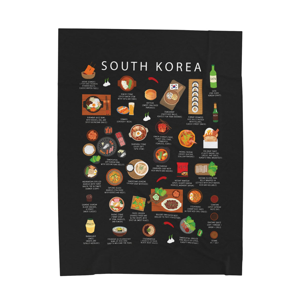 South Korea Food Blanket | Cozy Throw with Kimbap Kimchi Tteokbokki | Korean Cuisine Gift for Expats and Food Lovers