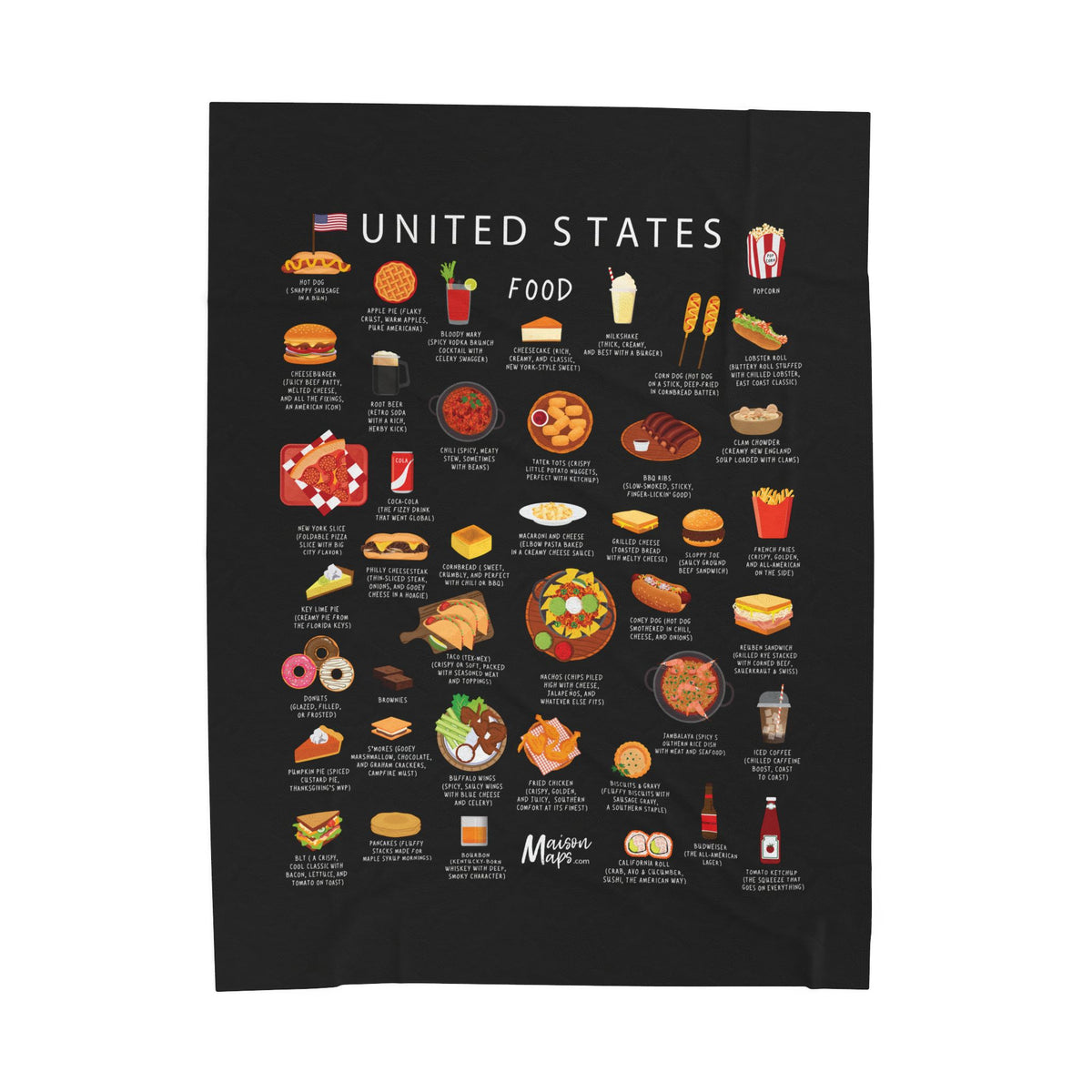 United States Food Blanket | Plush Throw Featuring Burgers Tacos BBQ Ribs | American Cuisine Gift for Expats and Foodies