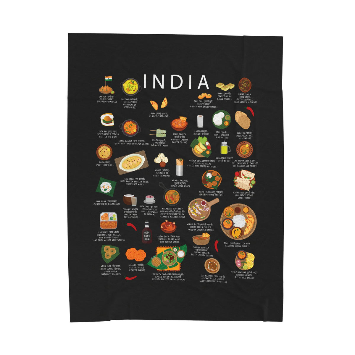 India Food Blanket | Velveteen Plush Throw with Curry Samosa Biryani Chai | Indian Cuisine Gift for Expats and Food Lovers