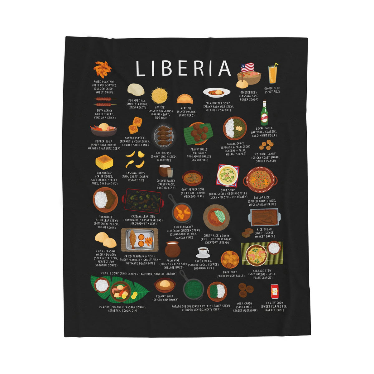 Liberian Cuisine Inspired Velveteen Blanket - Snuggle, Liberia  Cozy Foodie Gift, Netflix Nights