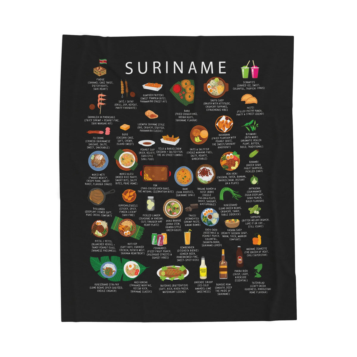Suriname Plush Velveteen Blanket | Cozy Throw with Surinamese Dishes | Heritage Gift for Expats and Food Lovers | Suriname Cuisine Decor