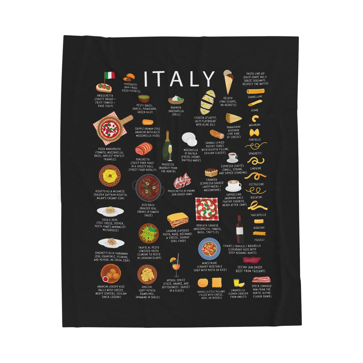 Italian Food Blanket | Italy Cuisine Throw, Pasta Pizza Plush Gift, Italian Kitchen Decor
