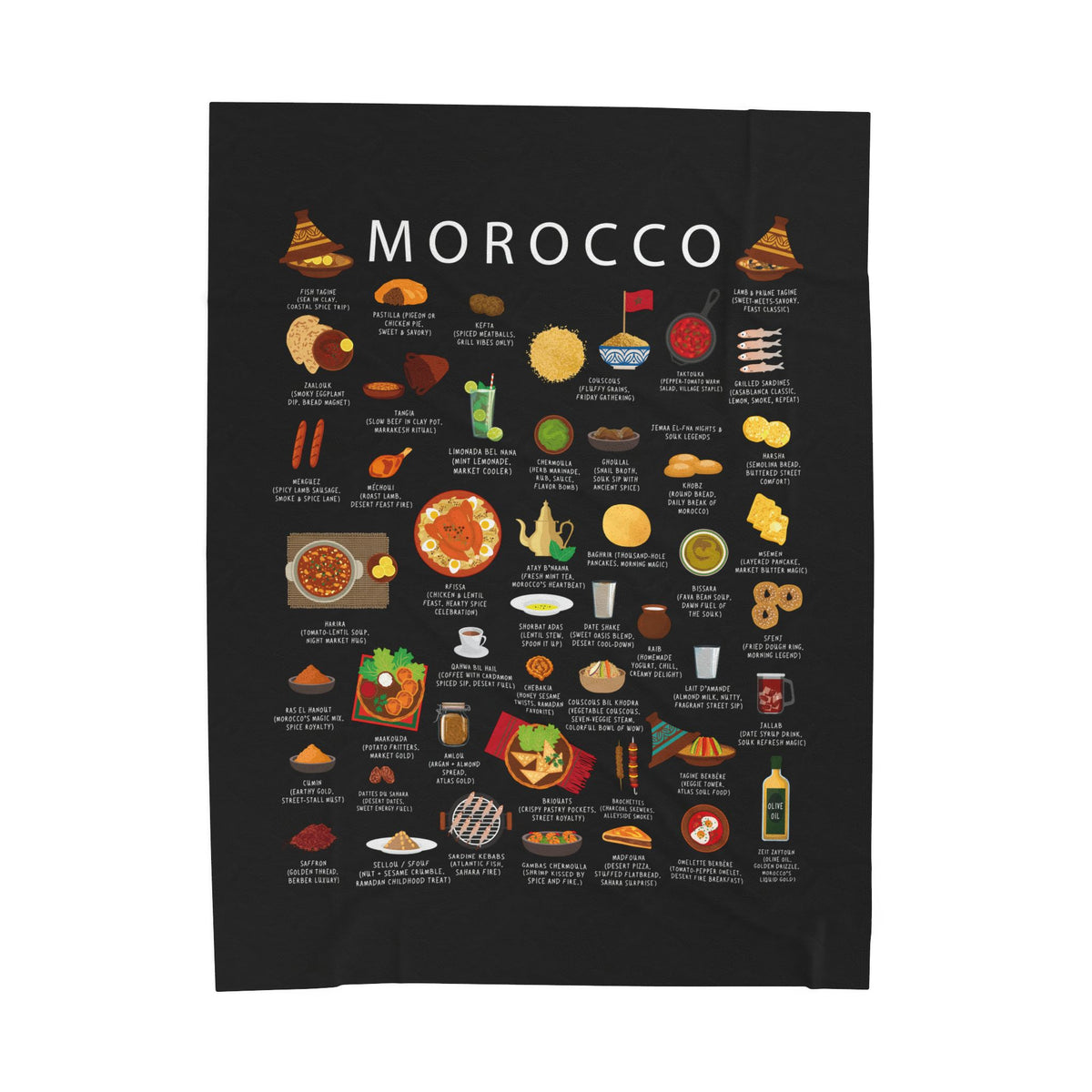 Morocco Plush Velveteen Blanket | Inspired by Moroccan Cuisine Culture | Cozy Throw with Bold Designs | Gift for Expats, Birthdays Holidays