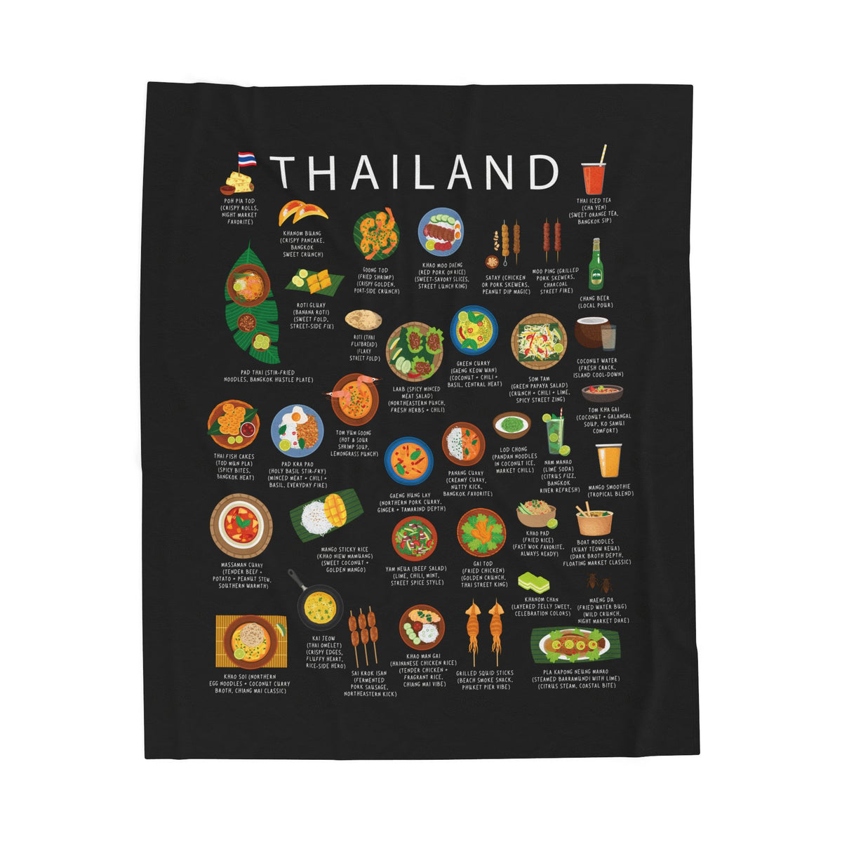 Thailand Food Blanket | Thai Street Food Plush Throw, Pad Thai, Tom Yum, Thai Cuisine Gift