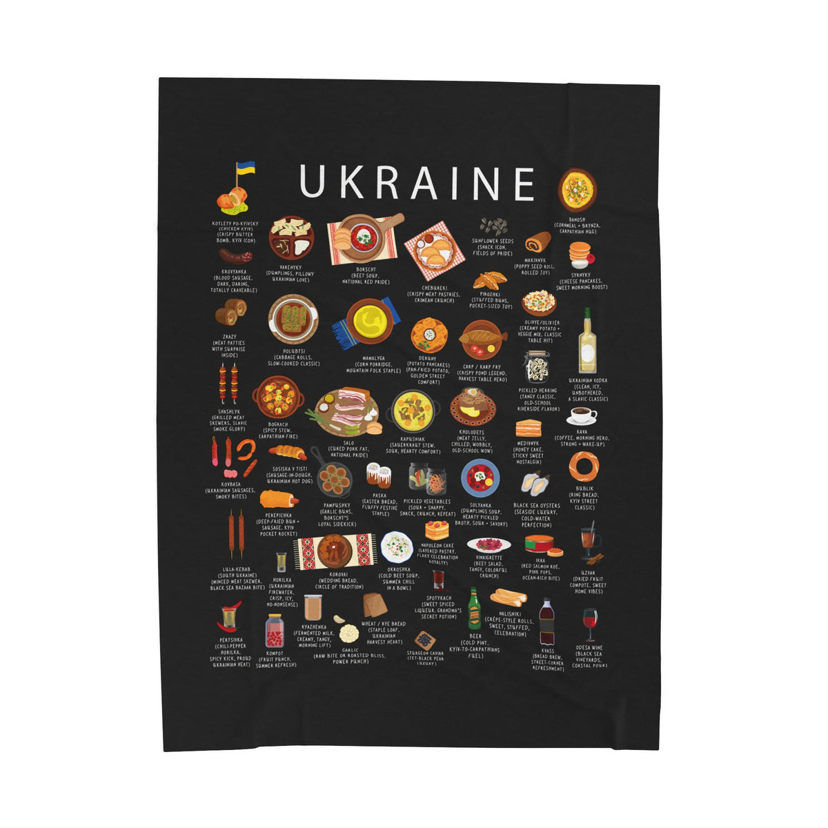 Ukraine Food Blanket | Velveteen Plush Throw with Borscht, Varenyky and Holubtsi | Ukrainian Cuisine Gift