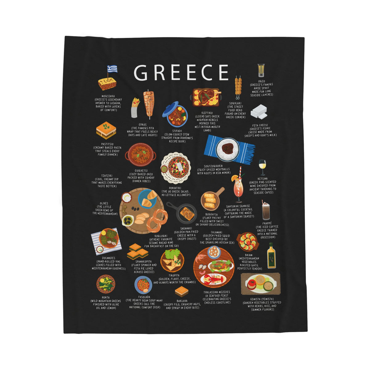 Greece Food Blanket | Cozy Throw with Souvlaki Spanakopita Moussaka | Greek Cuisine Gift for Expats and Foodies