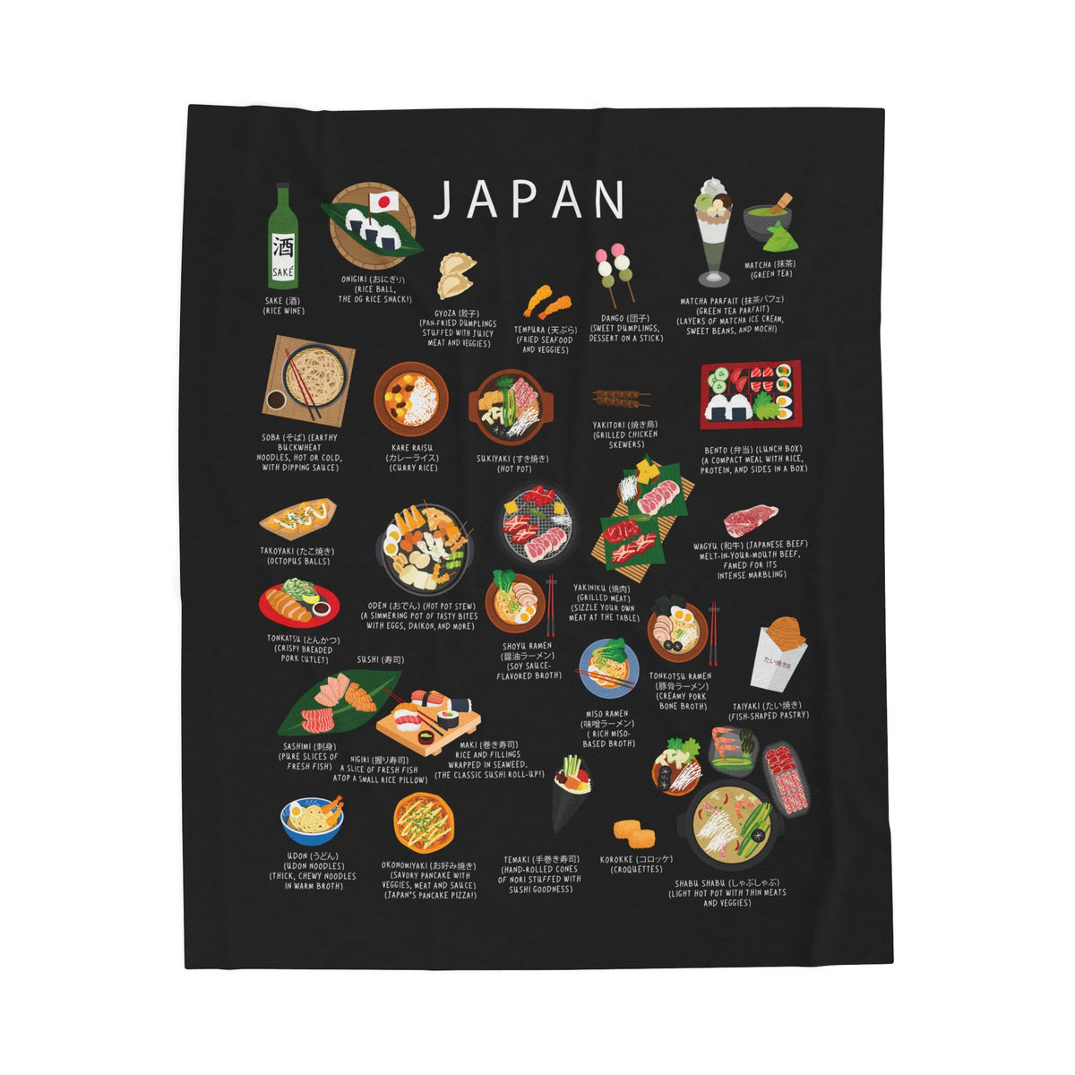 Japan Food Blanket | Cozy Throw with Sushi Ramen Mochi | Japanese Cuisine Gift for Expats and Foodies