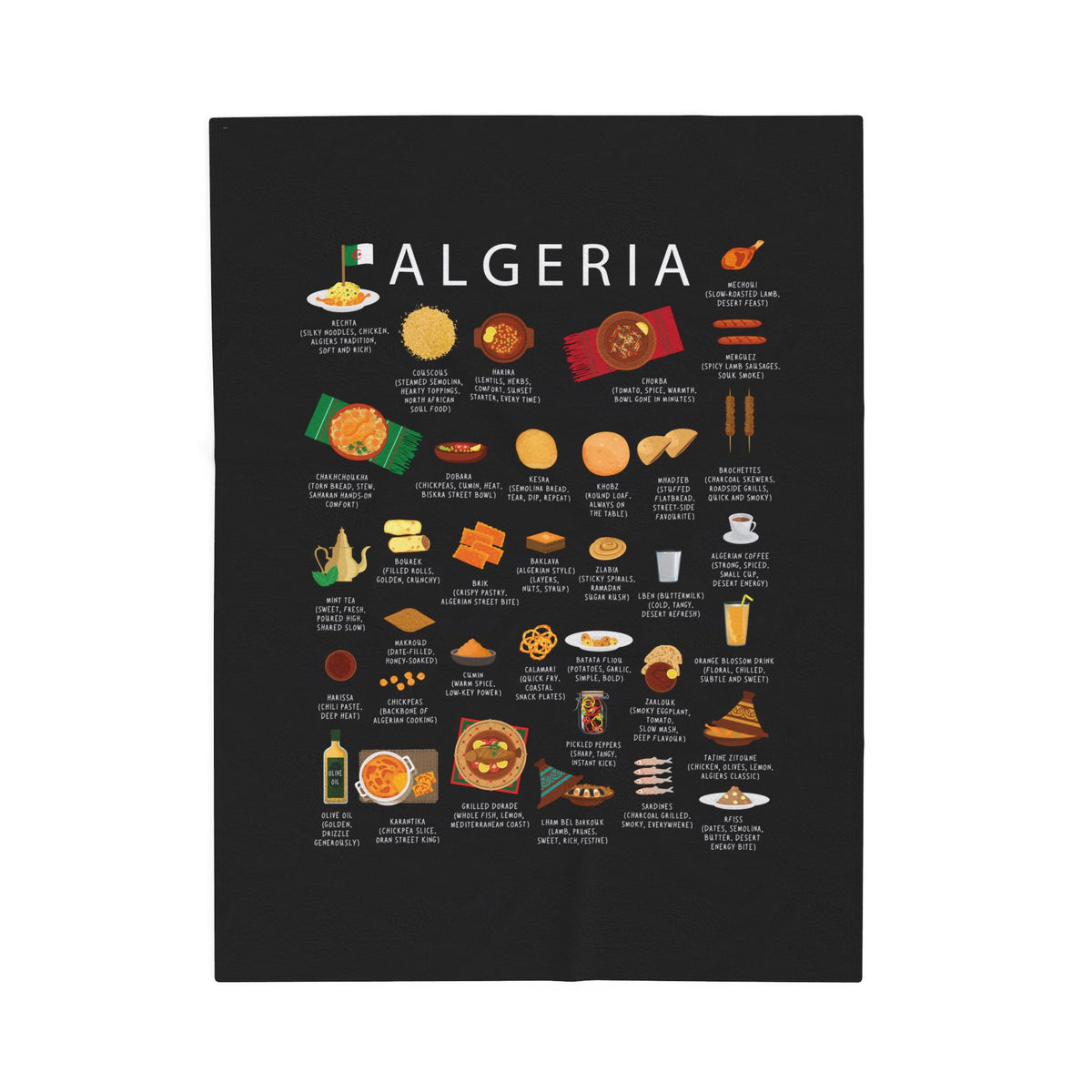 A black poster or print featuring the word 'ALGERIA' at the top and numerous small illustrated food items with labels arranged below, shown against a plain white background.