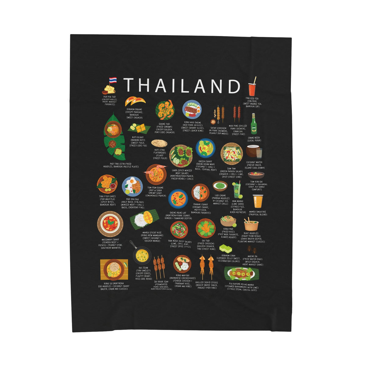 Thailand Food Blanket | Thai Street Food Plush Throw, Pad Thai, Tom Yum, Thai Cuisine Gift