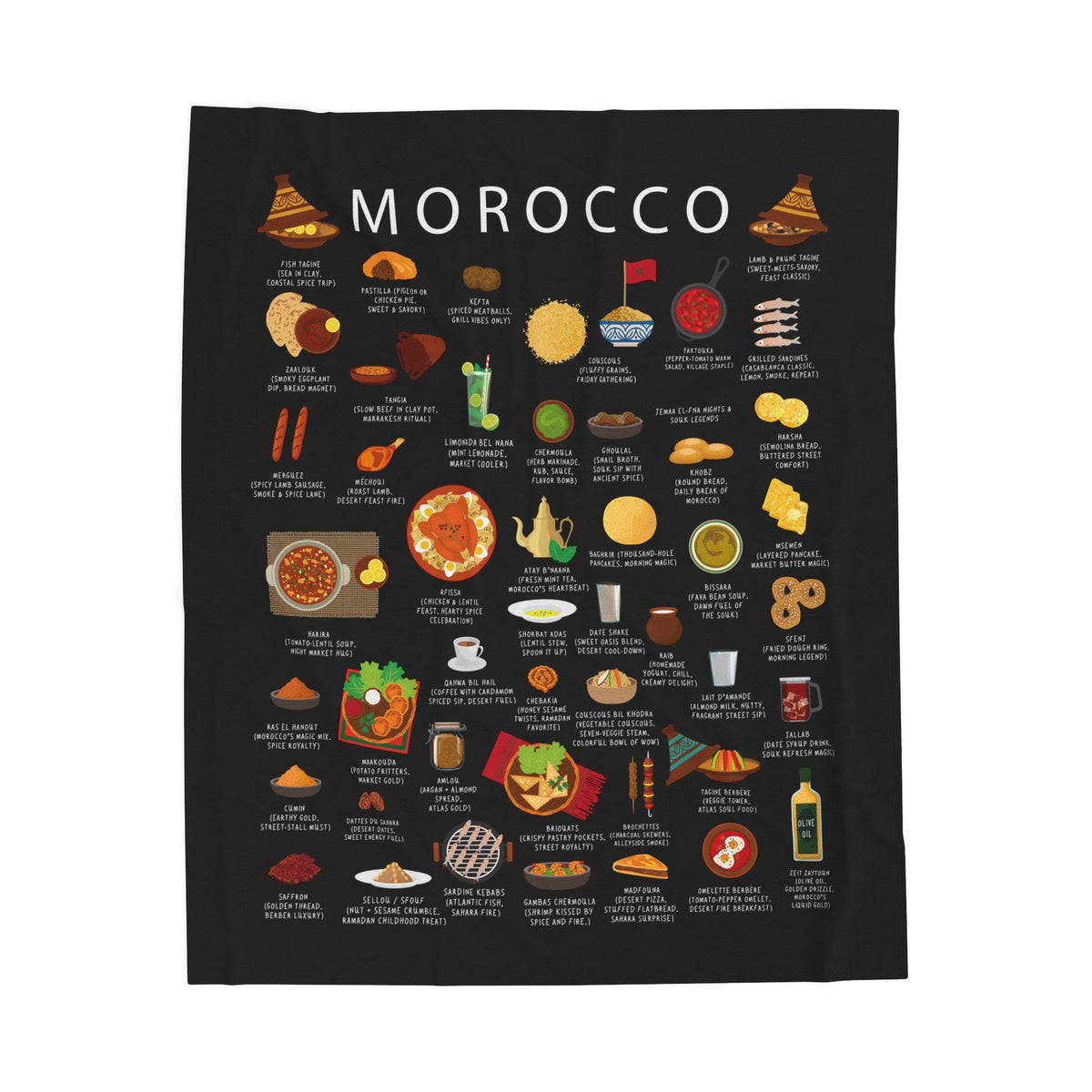 Morocco Plush Velveteen Blanket | Inspired by Moroccan Cuisine Culture | Cozy Throw with Bold Designs | Gift for Expats, Birthdays Holidays