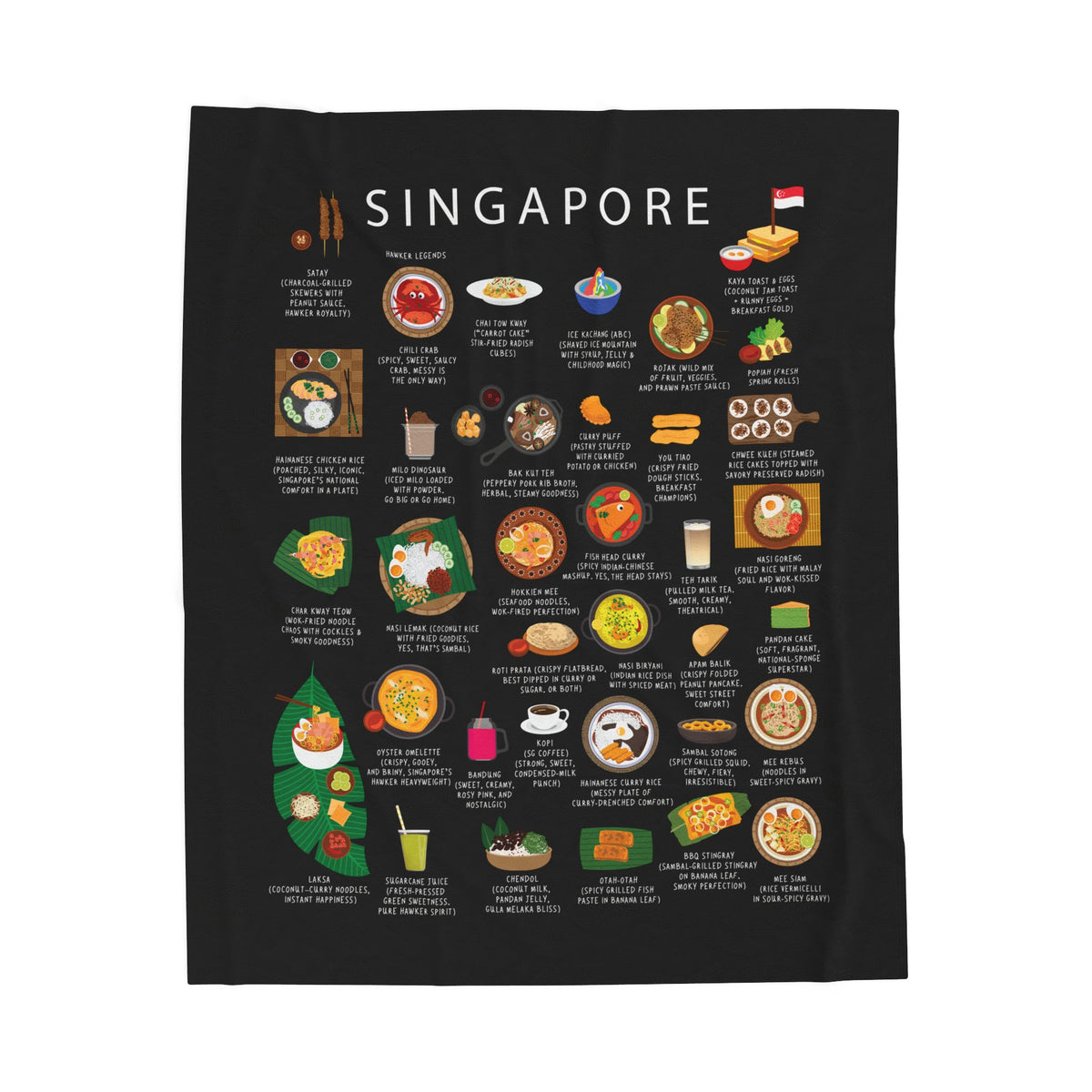Singapore Food Blanket | Cozy Throw with Hainanese Chicken Rice Laksa Chili Crab | Southeast Asian Gift for Expats and Foodies