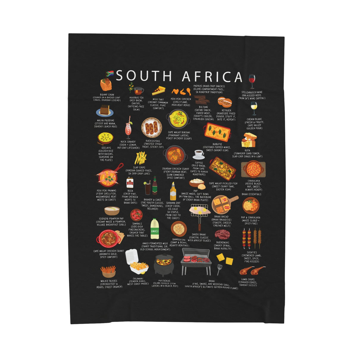 South Africa Food Blanket | Comfort Cuisine Throw | Bunny Chow Bobotie Melktert | South African Heritage Gift for Foodies and Expats