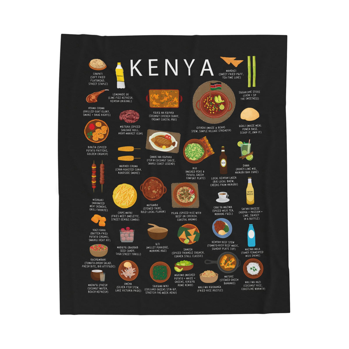 Kenya Cuisine Velveteen Plush Blanket - Festive Cultural Decor, Cozy Home Gift, Vibrant Foodie Throw, Colorful Couch Blanket, Soft Warm