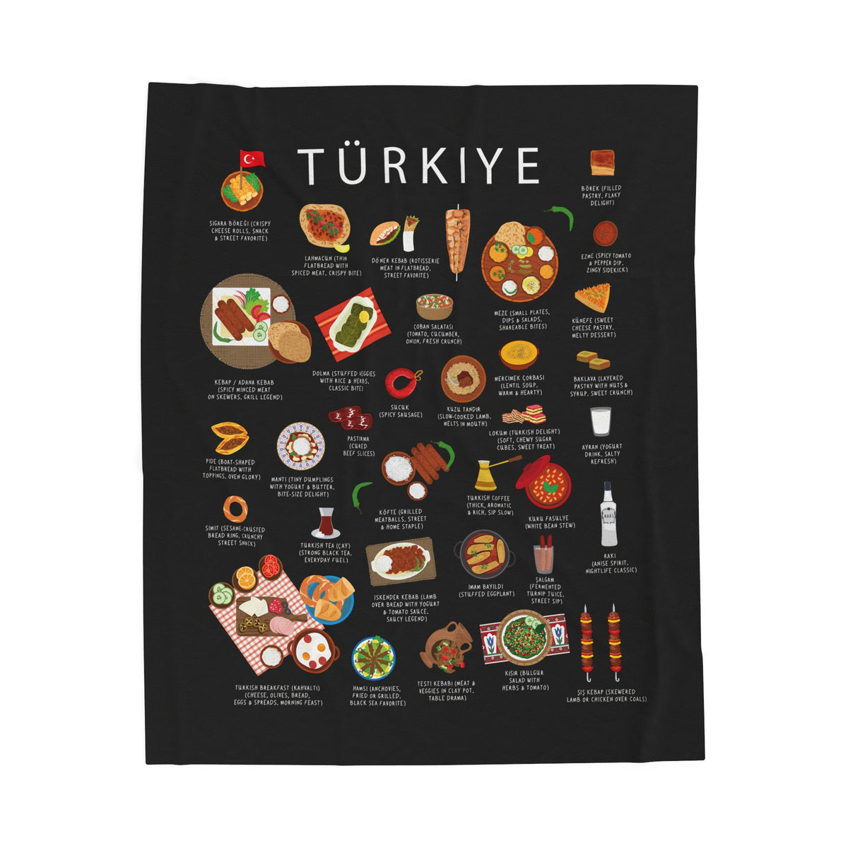 Türkiye Plush Velveteen Blanket | Turkish Cuisine Culture | Cozy Throw with Bold Designs | Gift for Expats Birthdays | Holidays