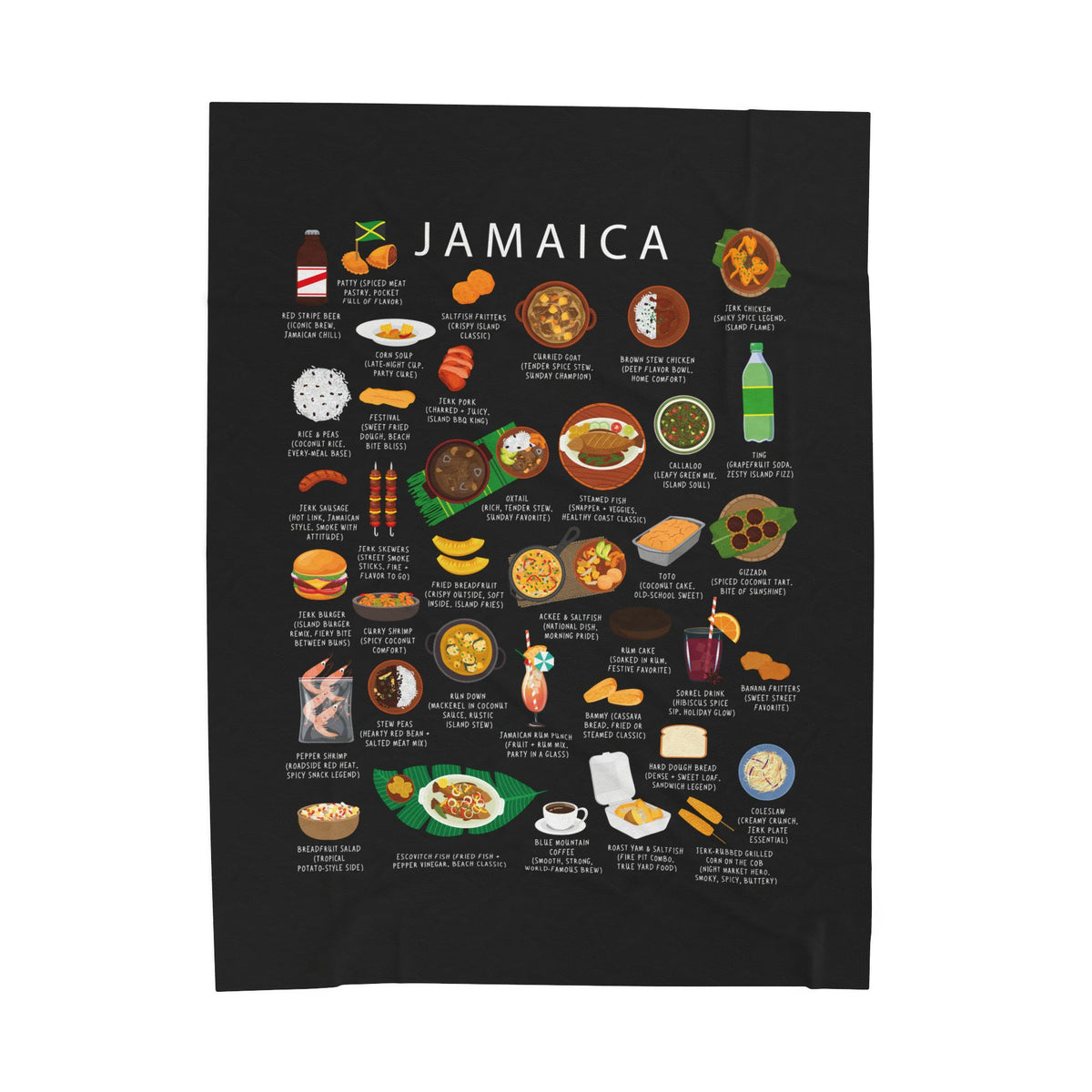 Jamaica Food Blanket | Velveteen Plush Throw with Jerk Chicken, Patties & Ackee | Caribbean Cuisine Gift for Expats and Food Lovers