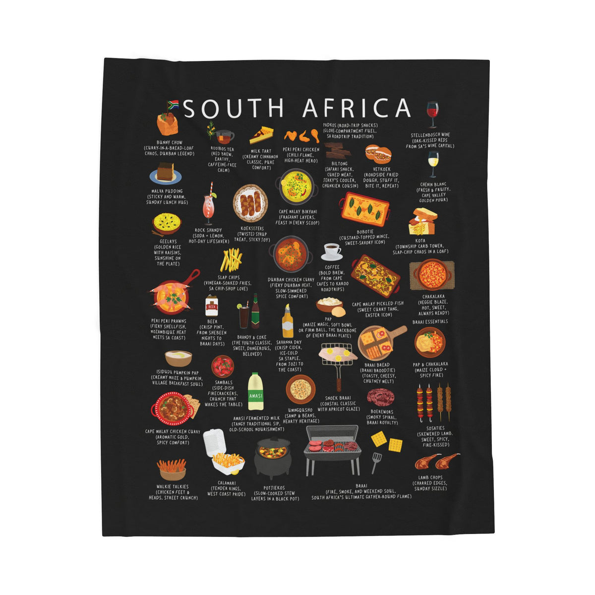 South Africa Food Blanket | Comfort Cuisine Throw | Bunny Chow Bobotie Melktert | South African Heritage Gift for Foodies and Expats