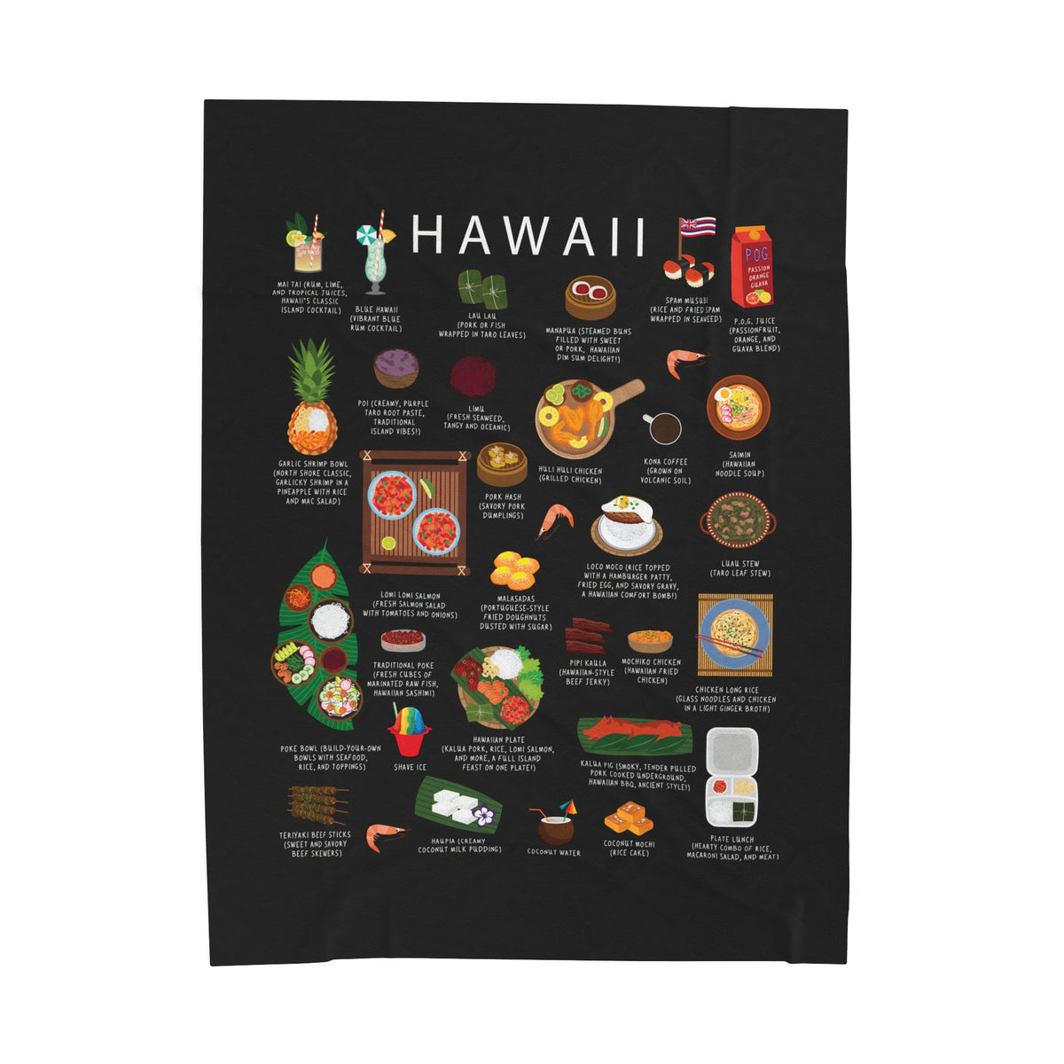 Hawaii Food Blanket | Cozy Throw with Poke Loco Moco Malasadas | Hawaiian Cuisine Gift for Foodies and Expats