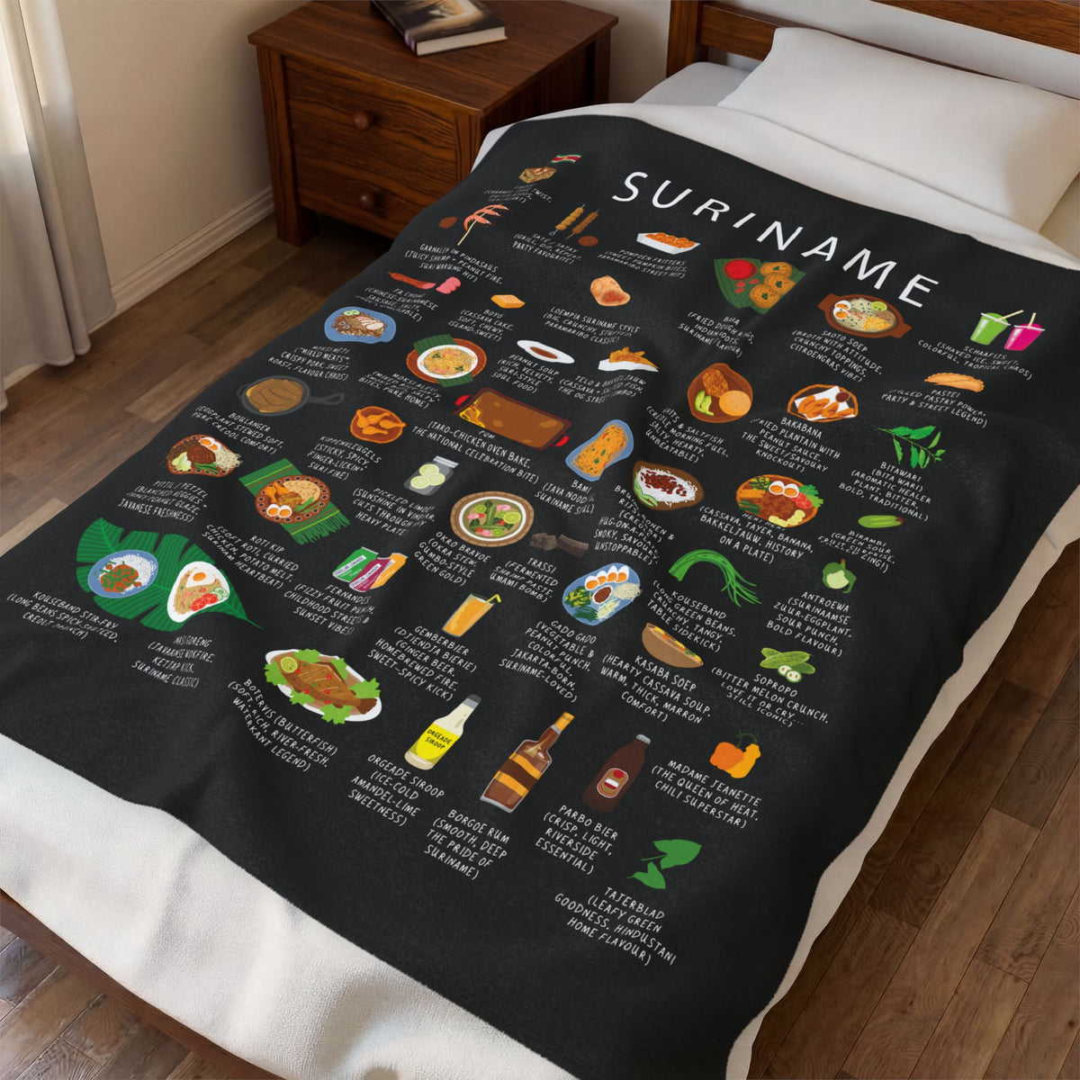 Suriname Plush Velveteen Blanket | Cozy Throw with Surinamese Dishes | Heritage Gift for Expats and Food Lovers | Suriname Cuisine Decor