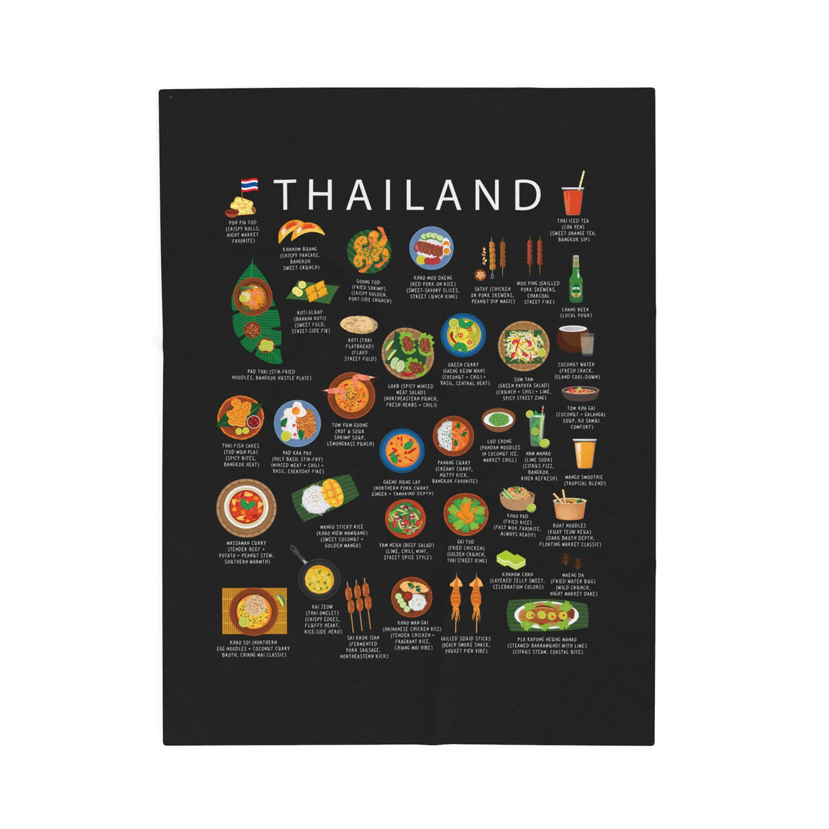 Thailand Food Blanket | Thai Street Food Plush Throw, Pad Thai, Tom Yum, Thai Cuisine Gift