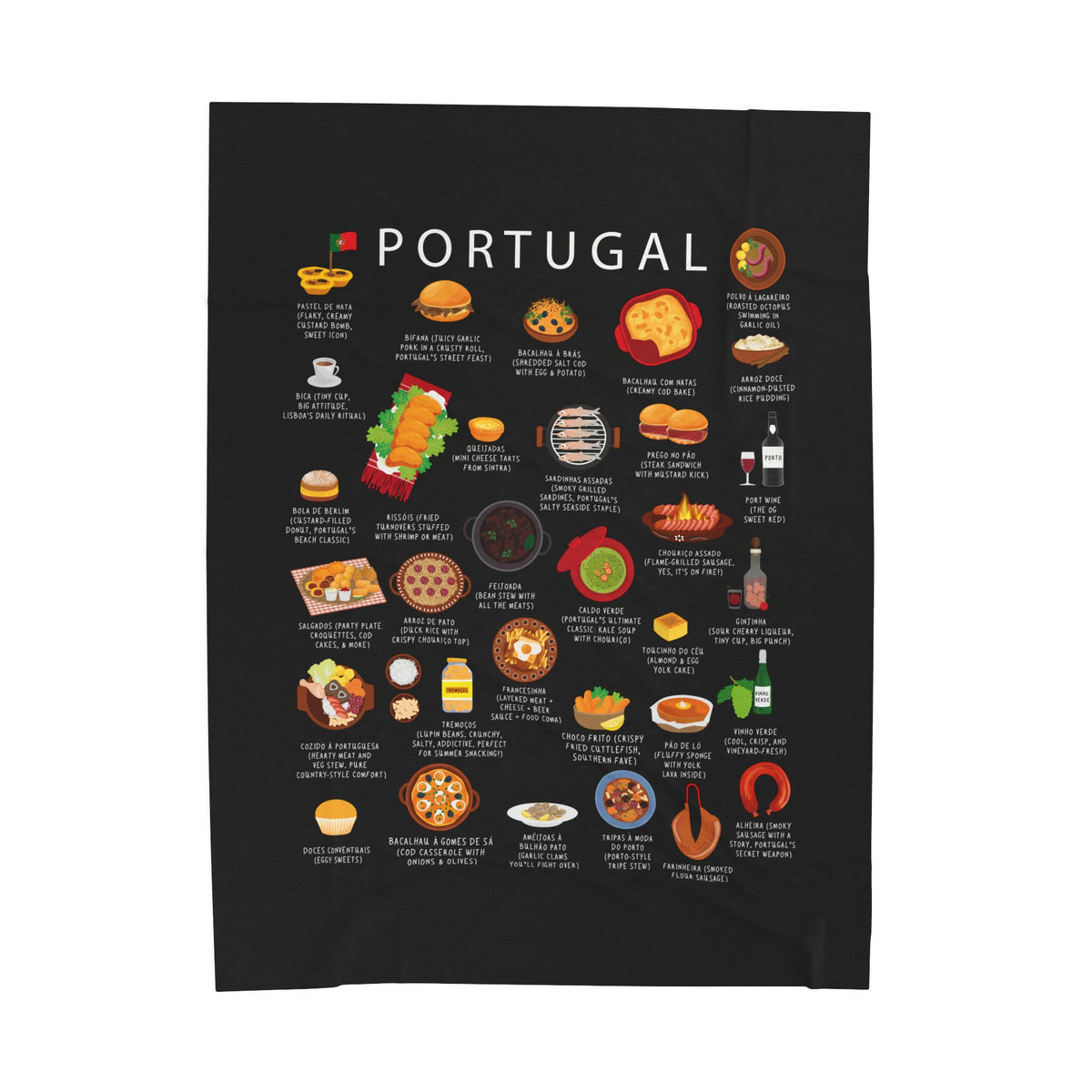 Portugal Food Blanket | Cozy Throw with Pastel de Nata Bacalhau Bifana | Portuguese Cuisine Gift for Expats and Foodies