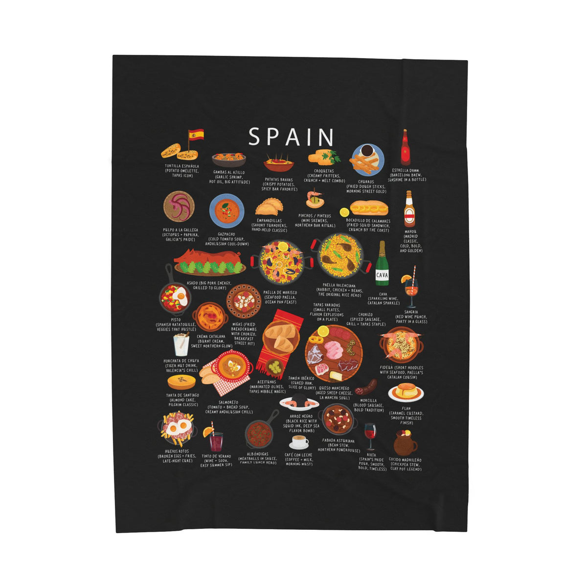 Spain Food Blanket | Velveteen Plush Throw with Tapas, Paella & Churros | Spanish Cuisine Gift for Foodies and Travelers