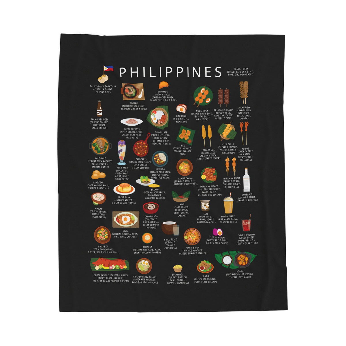 Philippines Food Blanket | Cozy Throw with Adobo Lumpia Halo-Halo | Filipino Cuisine Gift for Expats and Foodies
