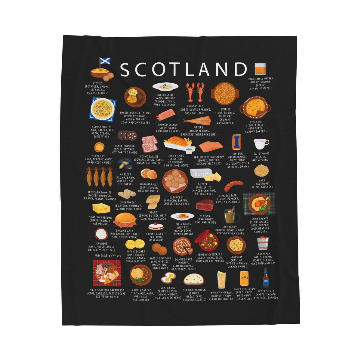 Scotland Food Blanket | Scottish Cuisine Throw | Cozy Highland Kitchen Decor