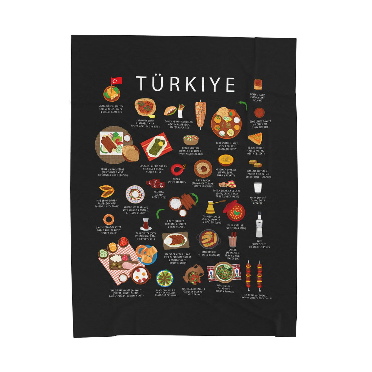 Türkiye Plush Velveteen Blanket | Turkish Cuisine Culture | Cozy Throw with Bold Designs | Gift for Expats Birthdays | Holidays