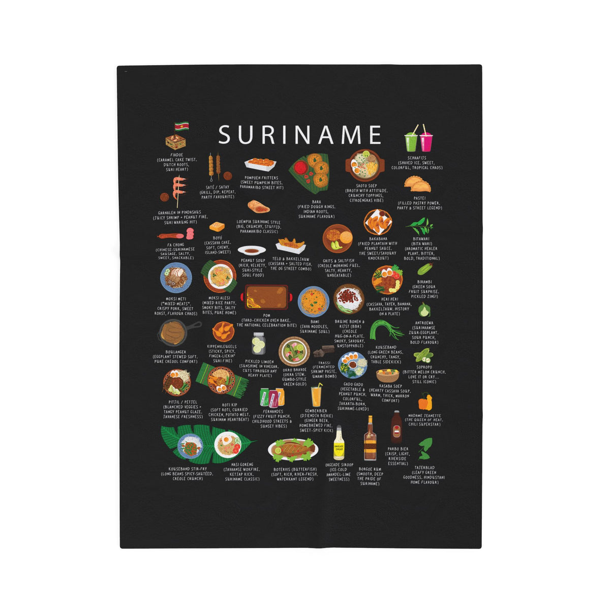 Suriname Plush Velveteen Blanket | Cozy Throw with Surinamese Dishes | Heritage Gift for Expats and Food Lovers | Suriname Cuisine Decor