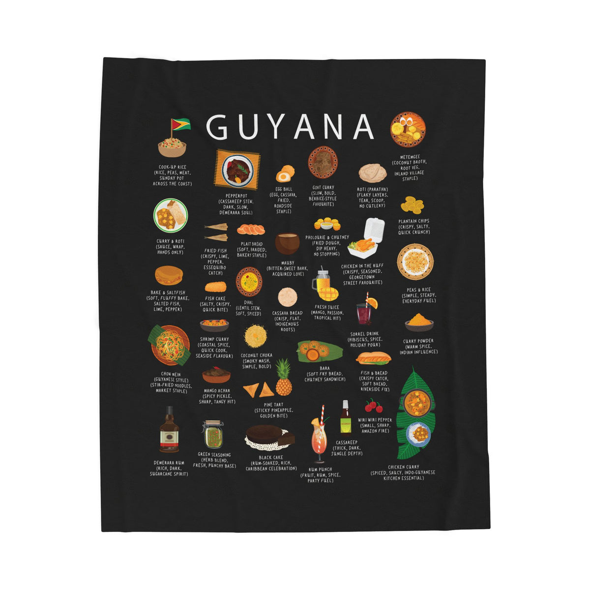 Guyana Food Blanket | Guyanese Cuisine Throw | Pepperpot Kitchen Decor