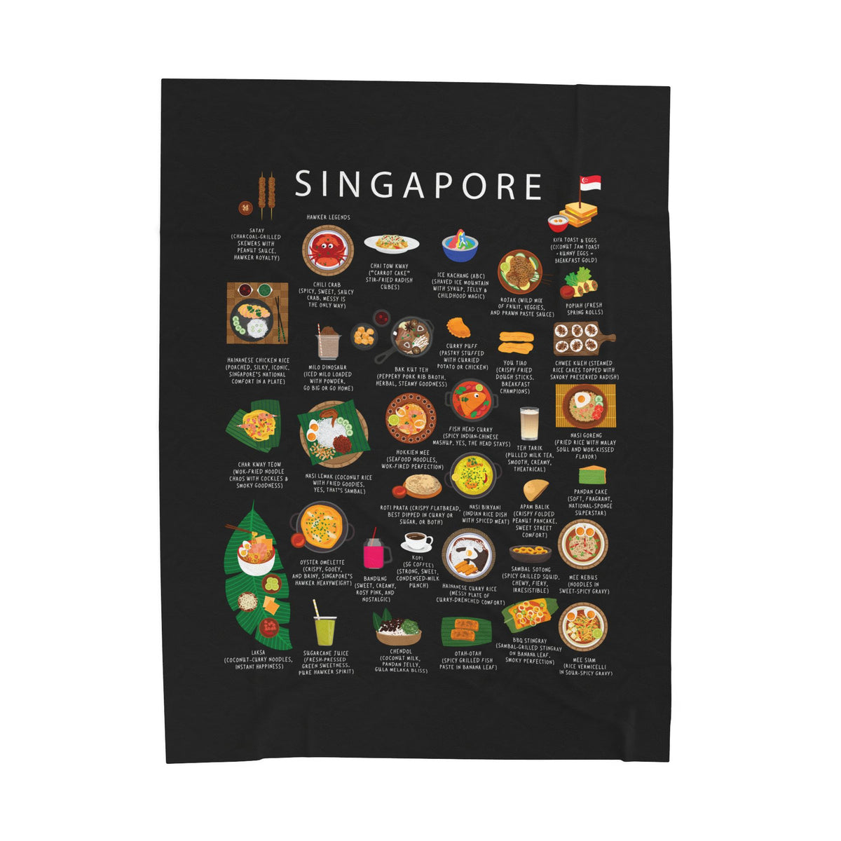 Singapore Food Blanket | Cozy Throw with Hainanese Chicken Rice Laksa Chili Crab | Southeast Asian Gift for Expats and Foodies