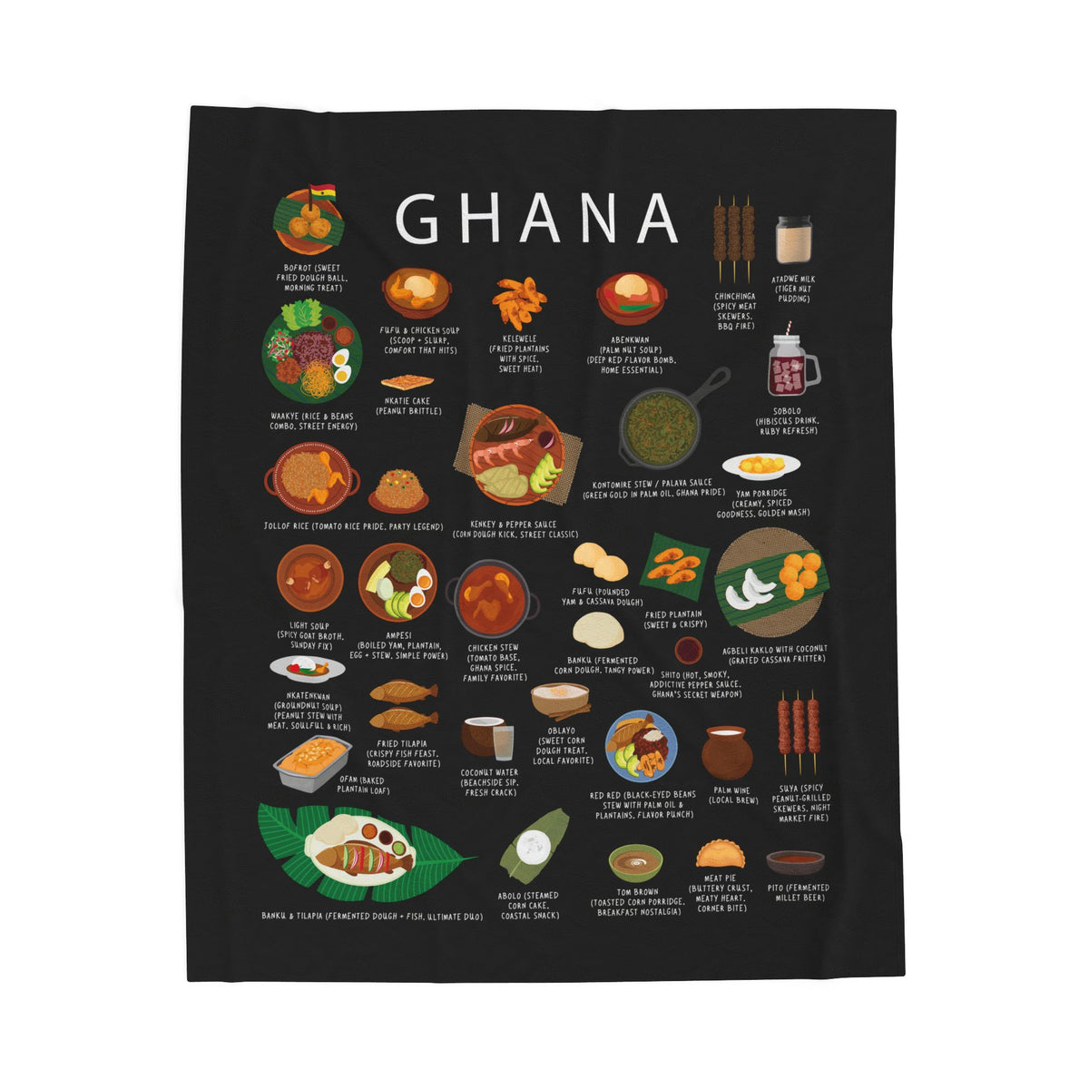 Velveteen Plush Blanket, Ghanaian Cuisine Inspired Cozy Throw, Jollof Rice Lovers Gift, Soft Kelewele Comfort Blanket, African Foodie Decor,