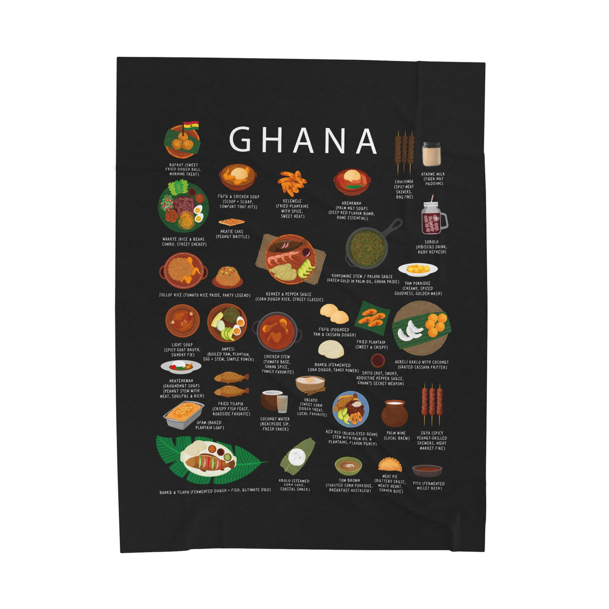 Velveteen Plush Blanket, Ghanaian Cuisine Inspired Cozy Throw, Jollof Rice Lovers Gift, Soft Kelewele Comfort Blanket, African Foodie Decor,
