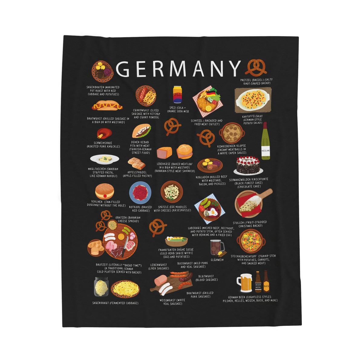 German Plush Velveteen Blanket | Cozy Throw with Traditional Dishes | Heritage Gift for Expats and Food Lovers | Unique German Cuisine