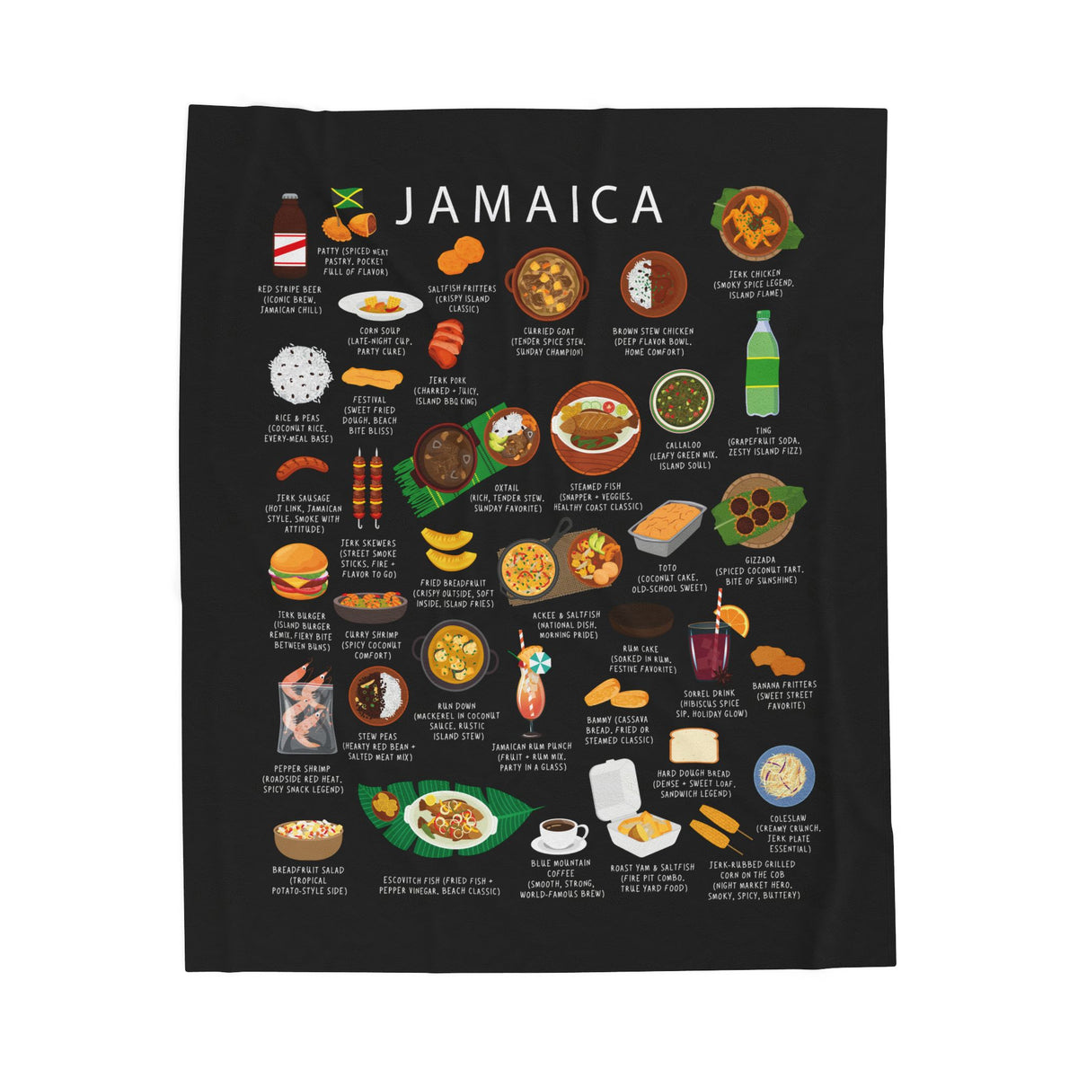 Jamaica Food Blanket | Velveteen Plush Throw with Jerk Chicken, Patties & Ackee | Caribbean Cuisine Gift for Expats and Food Lovers
