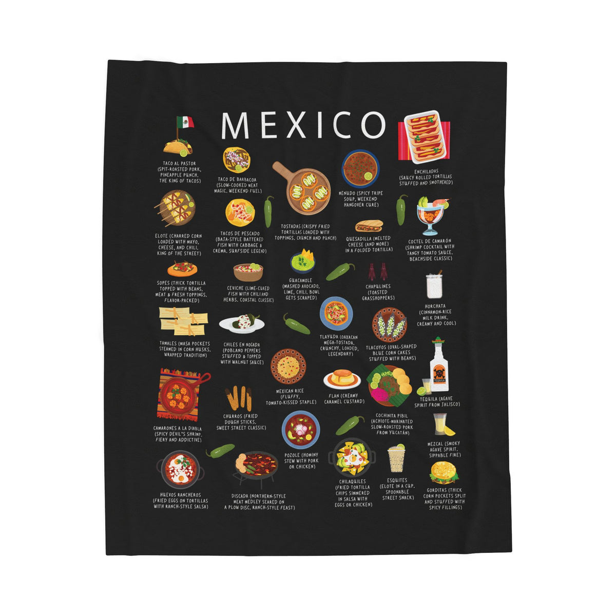 Mexico Food Blanket | Velveteen Plush Throw with Tacos, Mole & Guacamole | Mexican Cuisine Gift for Food Lovers