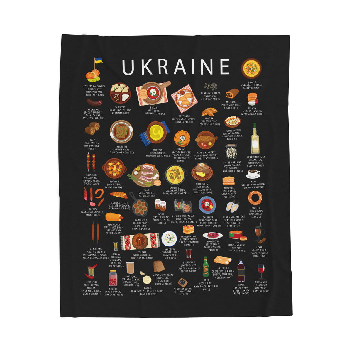 Ukraine Food Blanket | Velveteen Plush Throw with Borscht, Varenyky and Holubtsi | Ukrainian Cuisine Gift