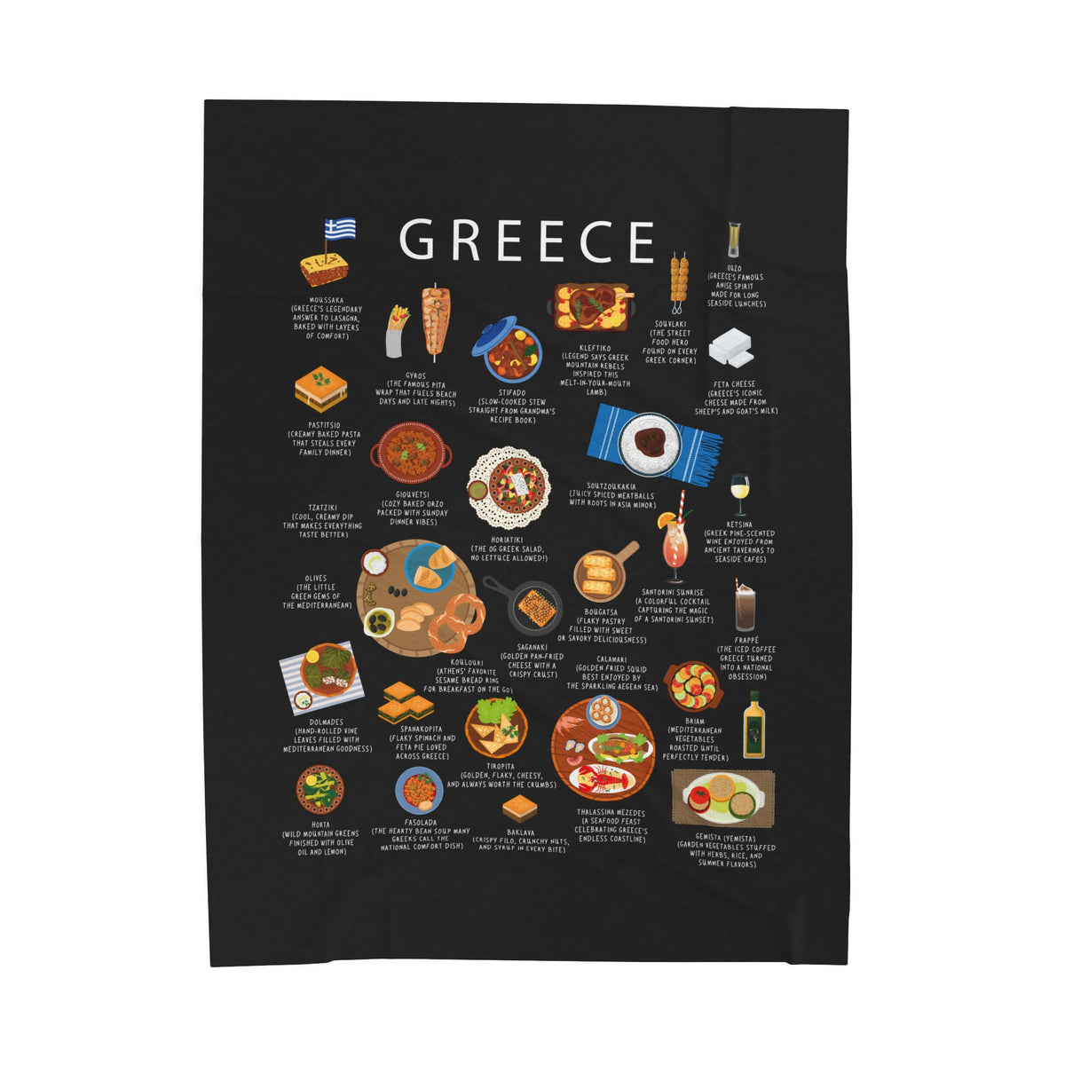 Greece Food Blanket | Cozy Throw with Souvlaki Spanakopita Moussaka | Greek Cuisine Gift for Expats and Foodies