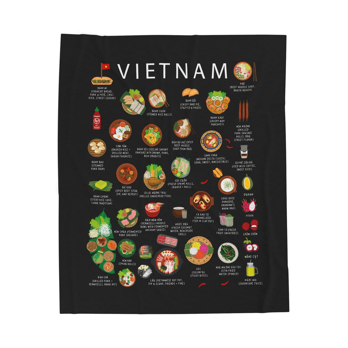 Vietnam Food Blanket | Vietnamese Cuisine Throw | Pho and Bánh Mì Kitchen Décor