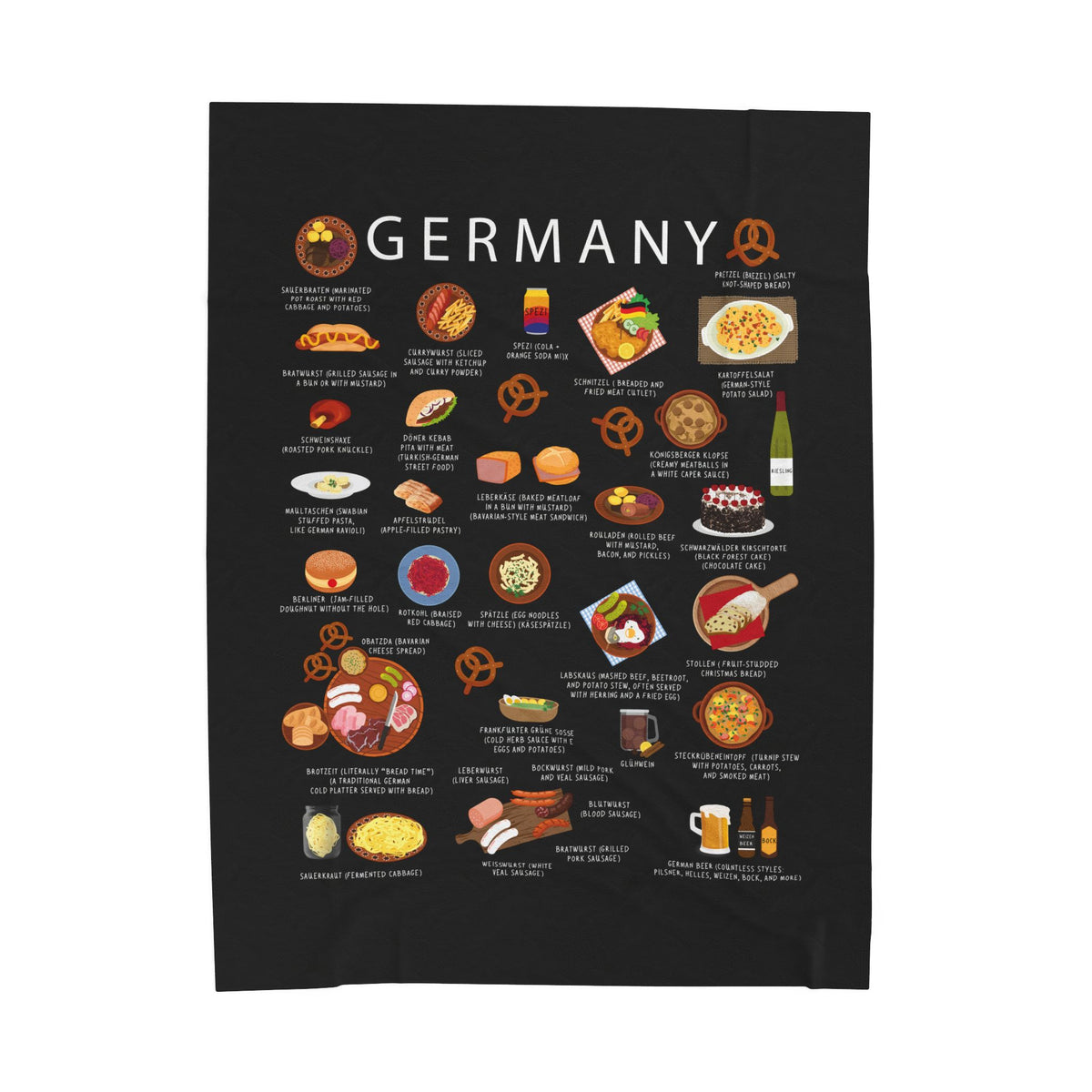 German Plush Velveteen Blanket | Cozy Throw with Traditional Dishes | Heritage Gift for Expats and Food Lovers | Unique German Cuisine