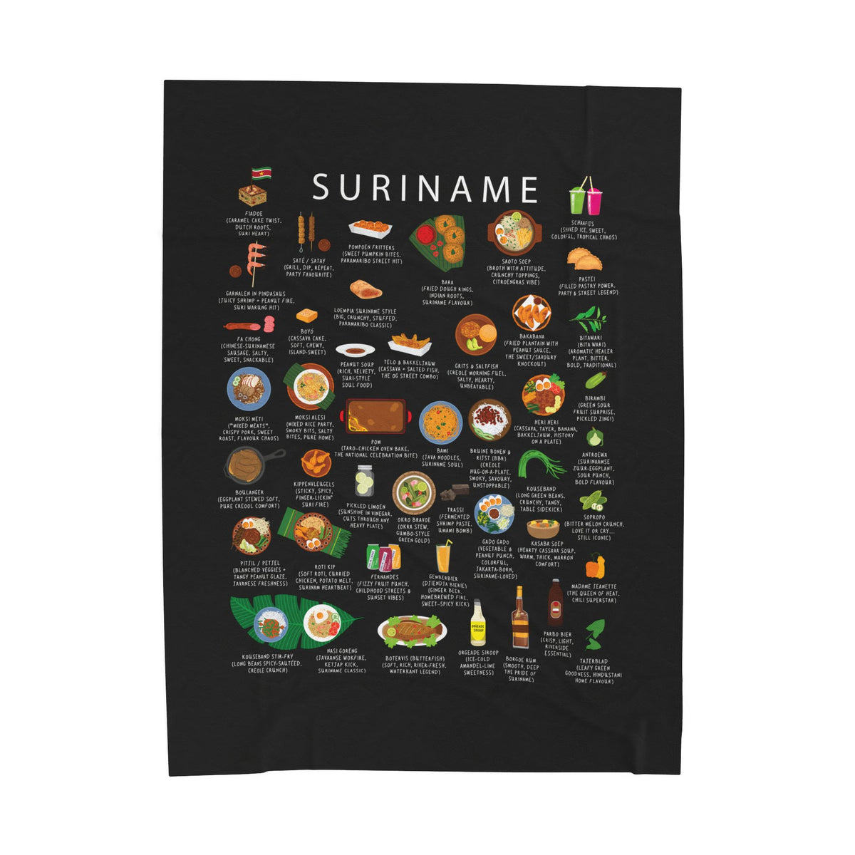 Suriname Plush Velveteen Blanket | Cozy Throw with Surinamese Dishes | Heritage Gift for Expats and Food Lovers | Suriname Cuisine Decor