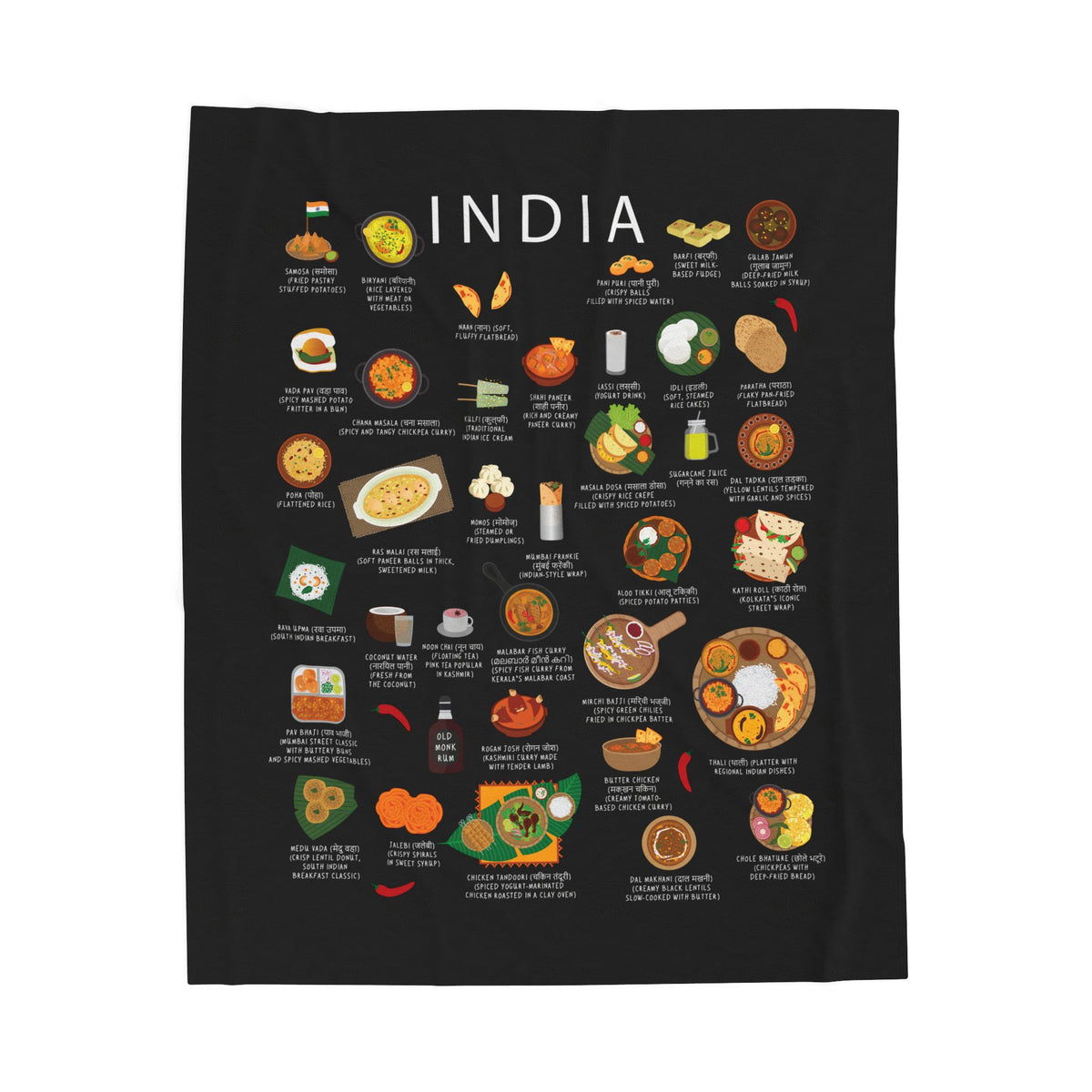 India Food Blanket | Velveteen Plush Throw with Curry Samosa Biryani Chai | Indian Cuisine Gift for Expats and Food Lovers