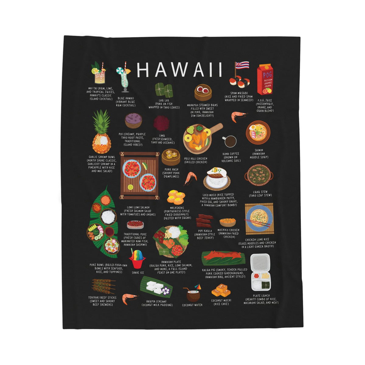 Hawaii Food Blanket | Cozy Throw with Poke Loco Moco Malasadas | Hawaiian Cuisine Gift for Foodies and Expats