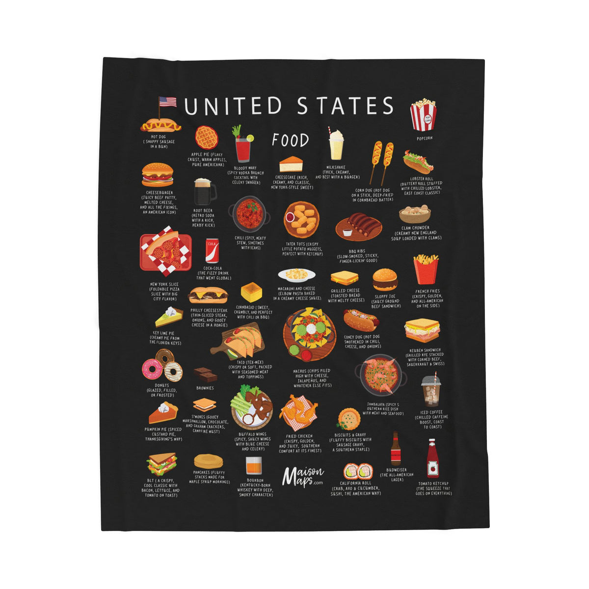 United States Food Blanket | Plush Throw Featuring Burgers Tacos BBQ Ribs | American Cuisine Gift for Expats and Foodies