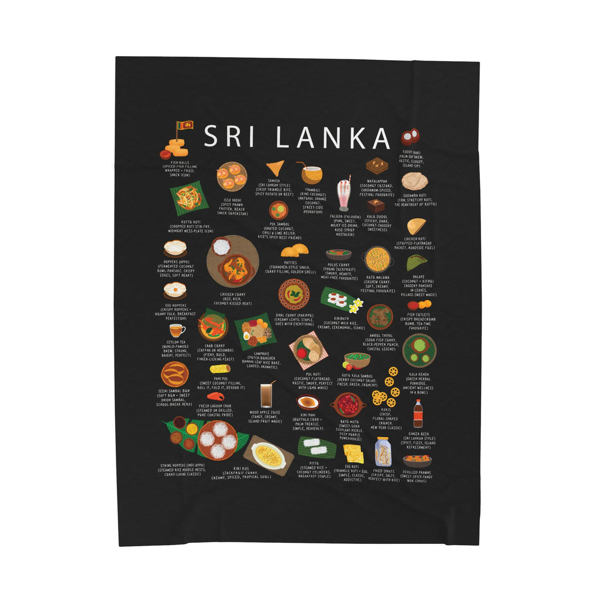 Sri Lanka Food Blanket | Island Cuisine Throw | Kottu Hoppers Pol Sambol | Sri Lankan Heritage Gift for Food Lovers and Expats