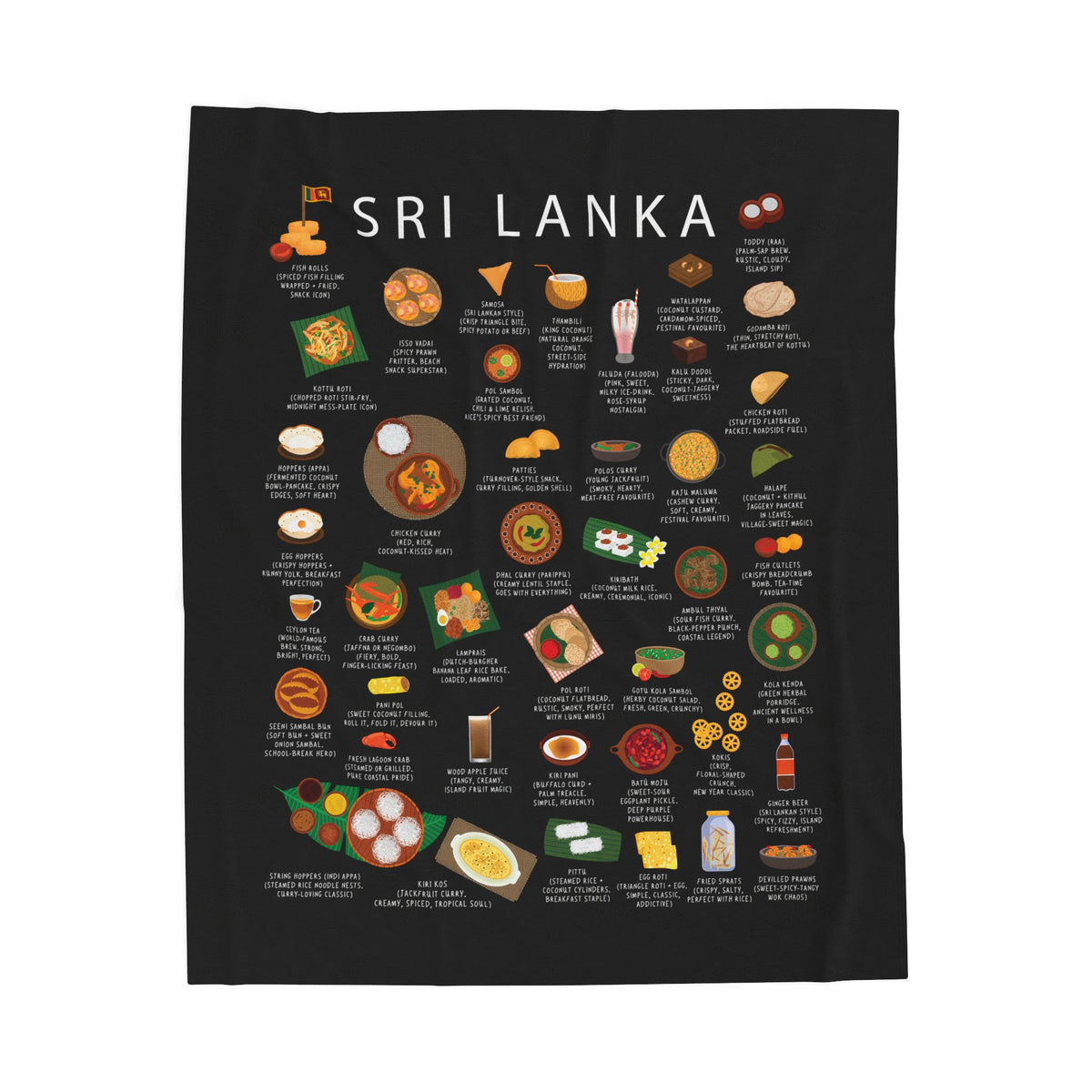 Sri Lanka Food Blanket | Island Cuisine Throw | Kottu Hoppers Pol Sambol | Sri Lankan Heritage Gift for Food Lovers and Expats