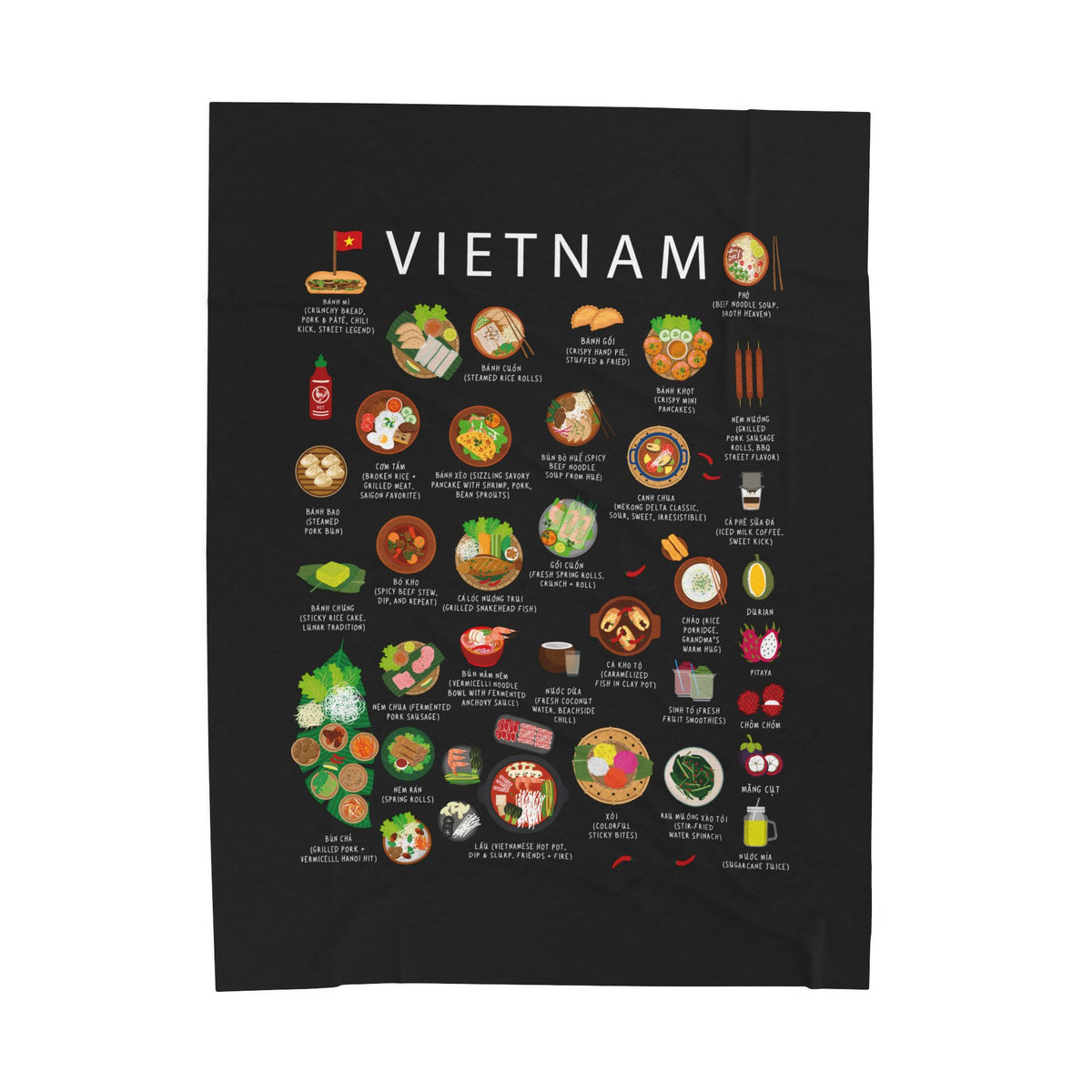 Vietnam Food Blanket | Vietnamese Cuisine Throw | Pho and Bánh Mì Kitchen Décor